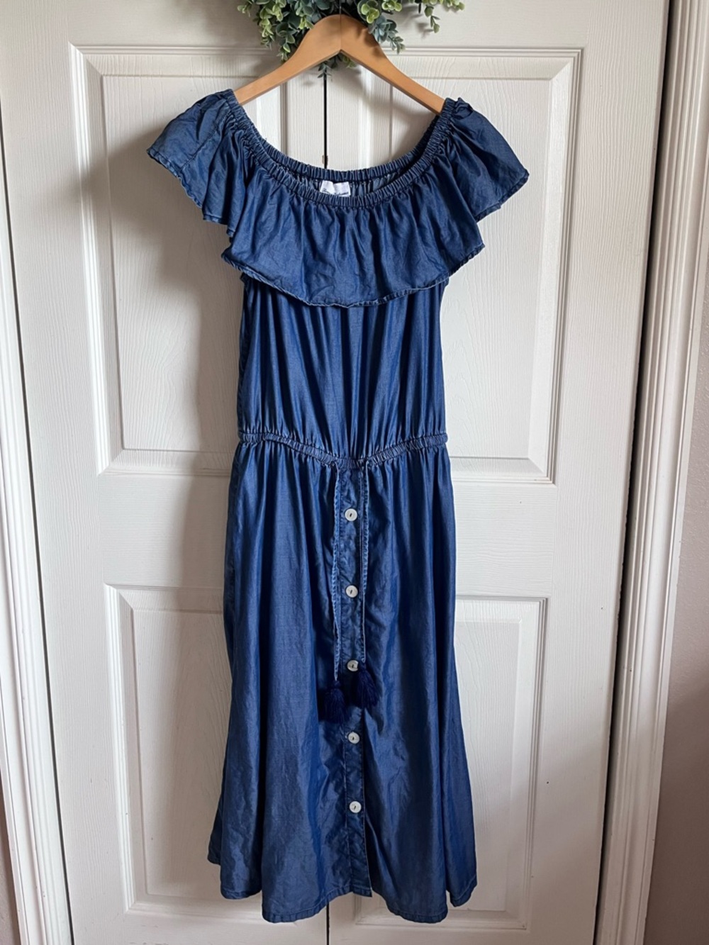 Tommy Bahama Off-Shoulder Ruffle Blue Midi Dress with Drawstring Waist - Picture 2 of 12